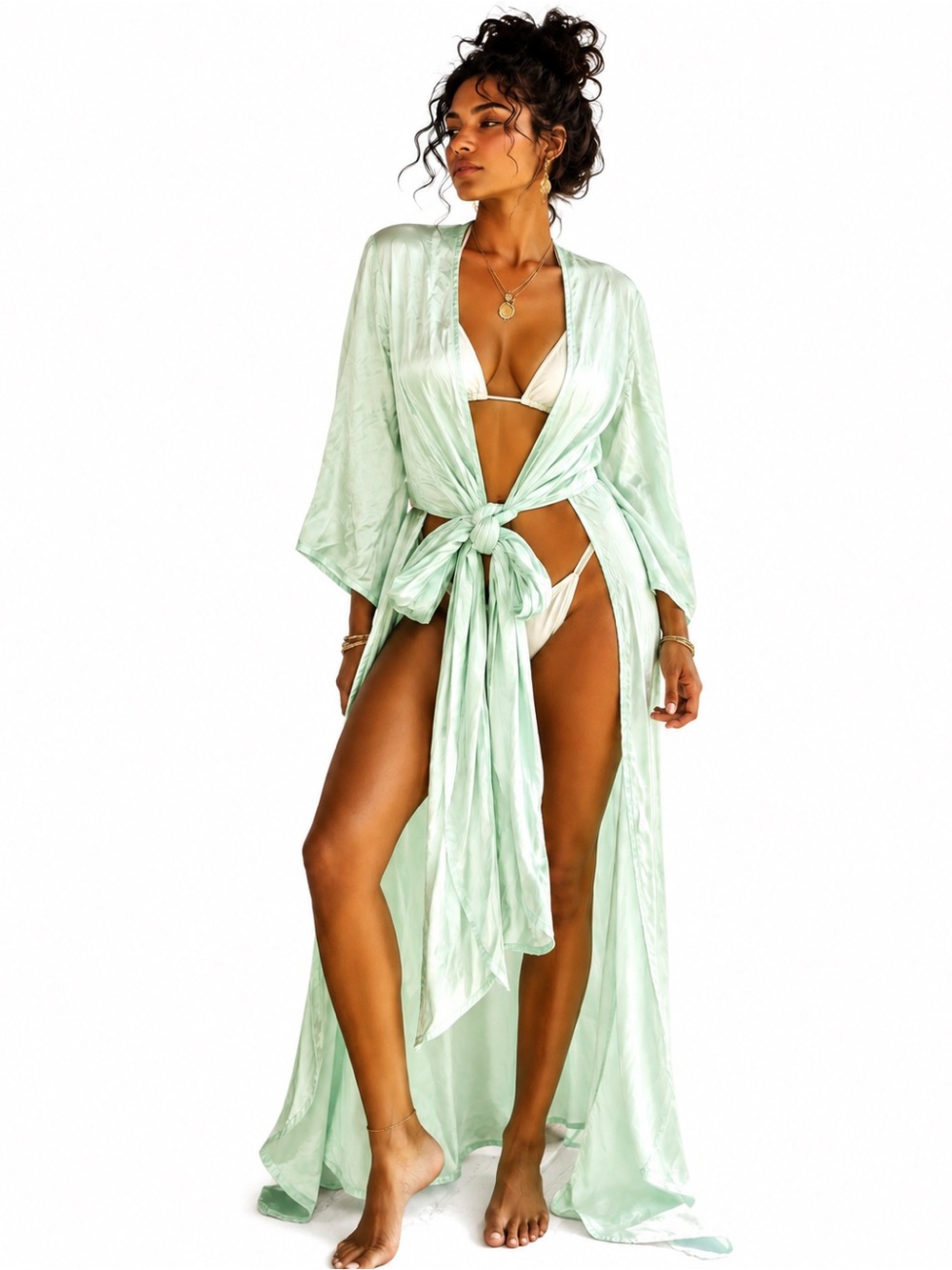My Beachy Side Mint Satin Kimono Maxi Cover Up Wrap Robe One Size NWT